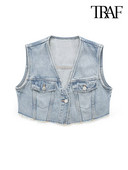 TRAF naiste moe narritud äärisega kärbitud teksariidest vest. Vintage varrukateta esinööbiga Naiste pealisrõivad šikid vestipealsed