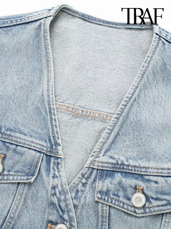 TRAF naiste moe narritud äärisega kärbitud teksariidest vest. Vintage varrukateta esinööbiga Naiste pealisrõivad šikid vestipealsed