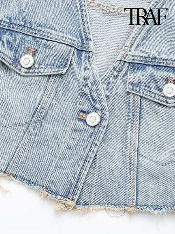 TRAF naiste moe narritud äärisega kärbitud teksariidest vest. Vintage varrukateta esinööbiga Naiste pealisrõivad šikid vestipealsed