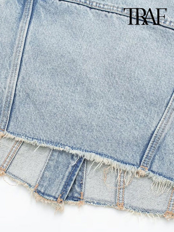 TRAF naiste moe narritud äärisega kärbitud teksariidest vest. Vintage varrukateta esinööbiga Naiste pealisrõivad šikid vestipealsed