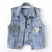 Moedisain Sequins Denim Vest Suvine sügisene naiste vest 2023 Uus Korea varrukateta teksapükste jakk Naiste vestiga topid