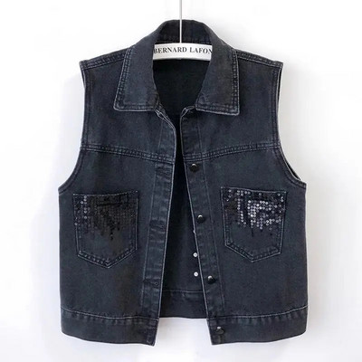 Moedisain Sequins Denim Vest Suvine sügisene naiste vest 2023 Uus Korea varrukateta teksapükste jakk Naiste vestiga topid