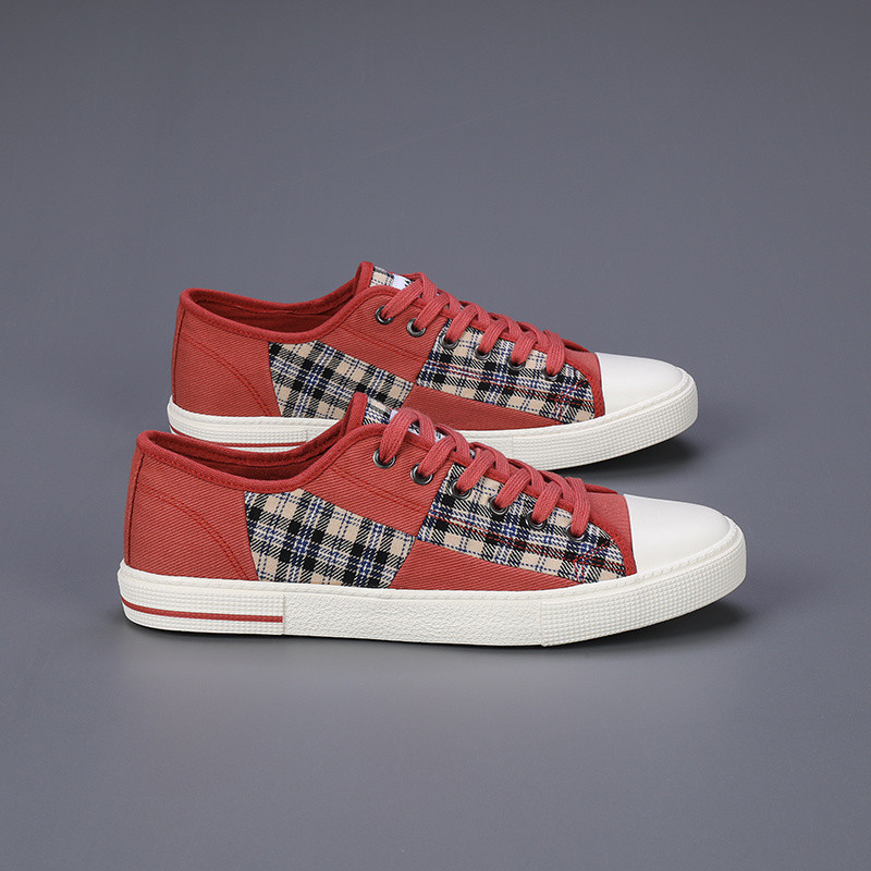 Trendovske modne crvene karirane cipele Ležerne muške prozračne neklizajuće platnene cipele Muške ravne vulkanizirane cipele na vezanje Muške košarice