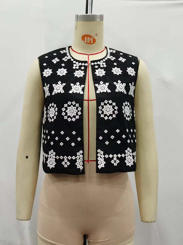 Γυναικεία Vintage Μαύρα Κεντήματα Γιλέκο Μπουφάν Summer O Neck Αμάνικα Ζακέτα 2023 Boho Loose γιλέκο διακοπών Γυναικείο τοπ