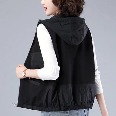 Vest jakk Naiste 2023. aasta kevad-sügis vest Uus mood, must kapuutsiga vest-mantel Naiste suve lahtised ülerõivaste topid