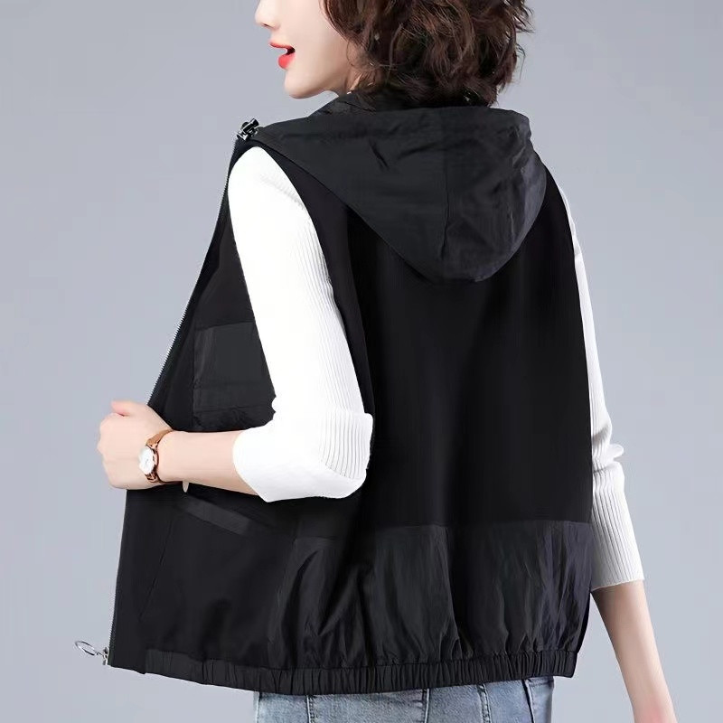 Vest jakk Naiste 2023. aasta kevad-sügis vest Uus mood, must kapuutsiga vest-mantel Naiste suve lahtised ülerõivaste topid