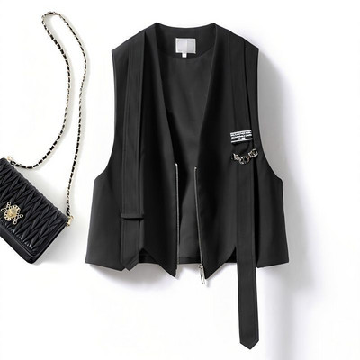 Nova uredska dama Ljetni prsluk s V-izrezom Jakna bez rukava Blazer Široki prsluk S patentnim zatvaračem Tanke majice Korejski modni kardigan bez rukava