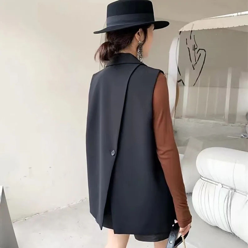 Vintage V-πέτο Γιλέκο με σπαστό πίσω κοστούμι με δύο πόρπες για γυναίκες Καλοκαιρινό Plus μέγεθος Αμάνικο φαρδύ γιλέκο ώμου Κομψό φαρδύ γιλέκο