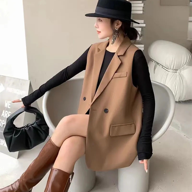 Vintage V-πέτο Γιλέκο με σπαστό πίσω κοστούμι με δύο πόρπες για γυναίκες Καλοκαιρινό Plus μέγεθος Αμάνικο φαρδύ γιλέκο ώμου Κομψό φαρδύ γιλέκο