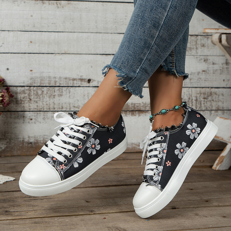 Tenisice sa slatkim cvjetnim uzorkom Ženske 2023. Novi traper platnene ravne tenisice Ženske modne dezenirane resice Nisko izrezane vulkanizirane cipele