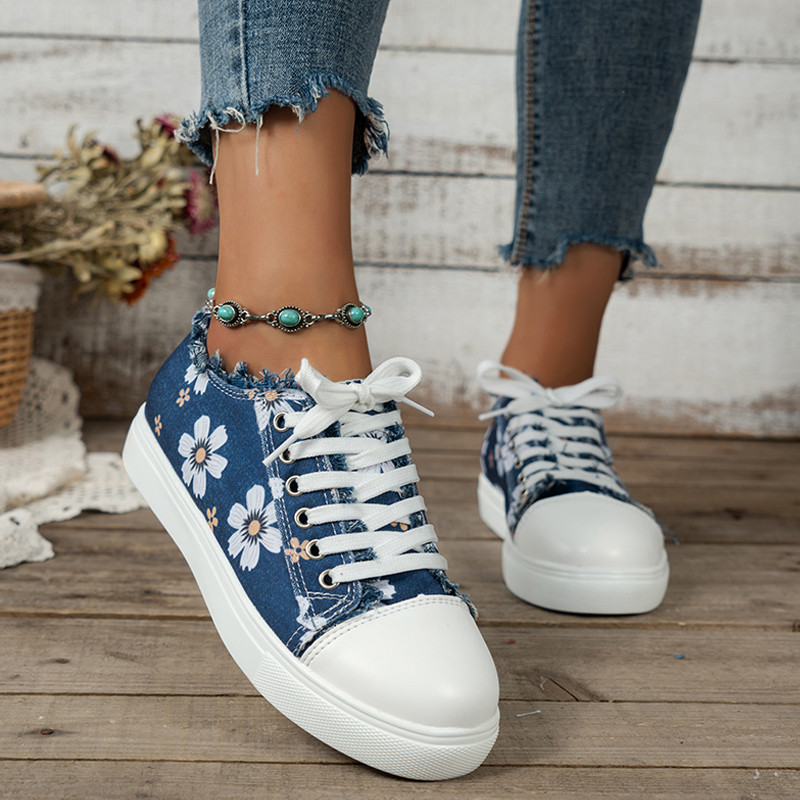 Tenisice sa slatkim cvjetnim uzorkom Ženske 2023. Novi traper platnene ravne tenisice Ženske modne dezenirane resice Nisko izrezane vulkanizirane cipele