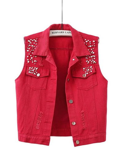 2023 Crno Crveno Žuto Plavo Bijeli traper prsluk Ženska proljeće ljeto Isprana jakna bez rukava s poderanim perlama Ženski jeans prsluk