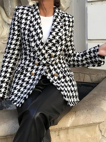 2023 Νέα μόδα σακάκι Houndstooth Tweed Vintage μακρυμάνικο casual γυναικείο μπουφάν Κομψό μπουφάν