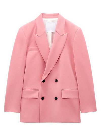 Jachetă cu buzunare pentru femei, de culoare solidă, la modă, roz, la două piepte, pentru femei, cu rever cu mânecă lungă, o jachetă casual șic