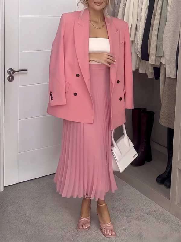 Jachetă cu buzunare pentru femei, de culoare solidă, la modă, roz, la două piepte, pentru femei, cu rever cu mânecă lungă, o jachetă casual șic