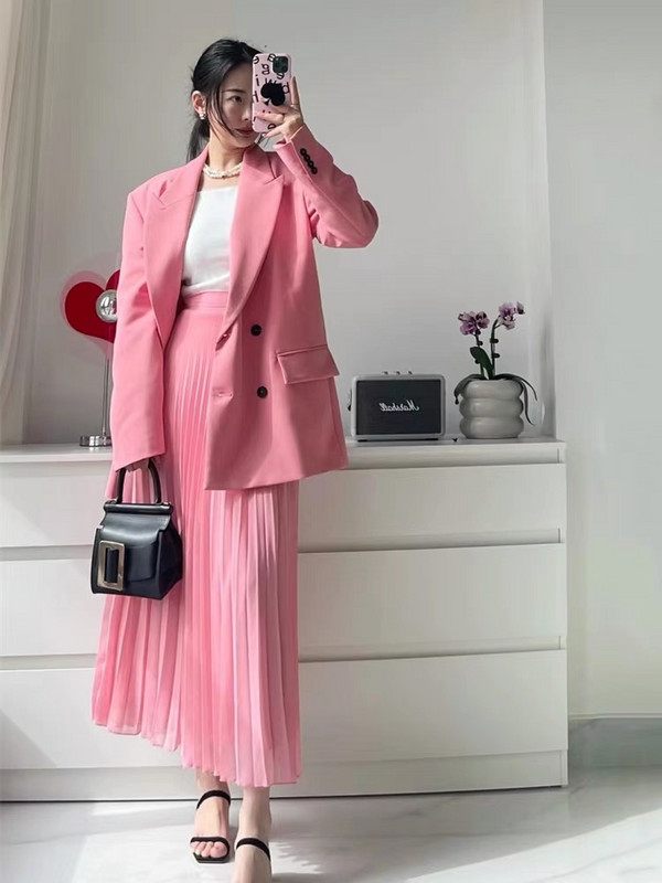 Jachetă cu buzunare pentru femei, de culoare solidă, la modă, roz, la două piepte, pentru femei, cu rever cu mânecă lungă, o jachetă casual șic