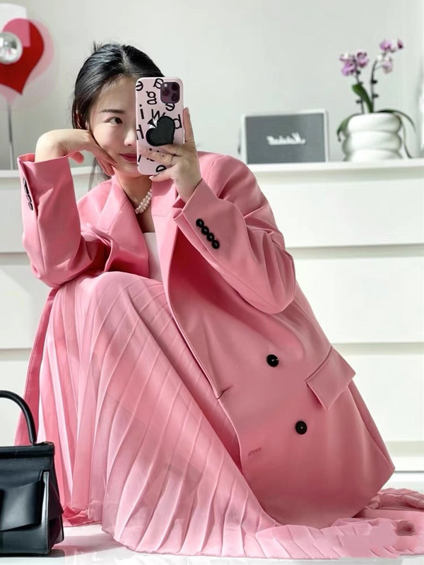 Jachetă cu buzunare pentru femei, de culoare solidă, la modă, roz, la două piepte, pentru femei, cu rever cu mânecă lungă, o jachetă casual șic