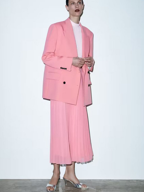 Jachetă cu buzunare pentru femei, de culoare solidă, la modă, roz, la două piepte, pentru femei, cu rever cu mânecă lungă, o jachetă casual șic