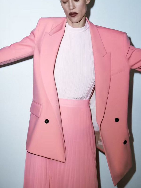 Jachetă cu buzunare pentru femei, de culoare solidă, la modă, roz, la două piepte, pentru femei, cu rever cu mânecă lungă, o jachetă casual șic