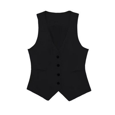 TRAF naiste mood Uus ühevärviline linane üherealine V-kaelusega taskukostüüm Vest Varrukateta jakid Vest mantel Mujer