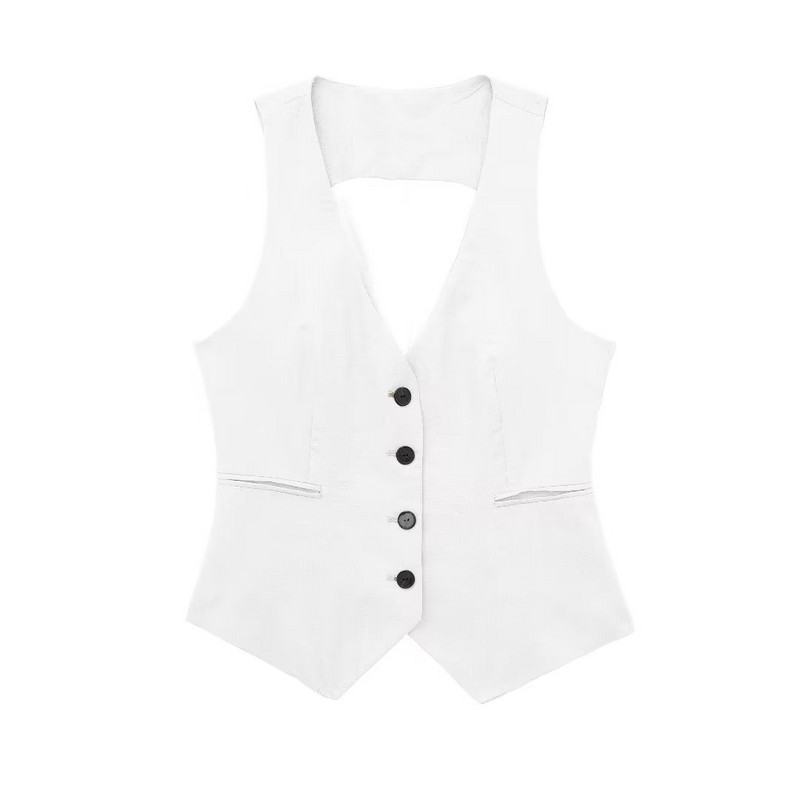 TRAF Women Fashion Νέο μονόχρωμο λινό μονόστομο κοστούμι τσέπης V-λαιμόκοψη Γιλέκο αμάνικο μπουφάν Γιλέκο παλτό Mujer