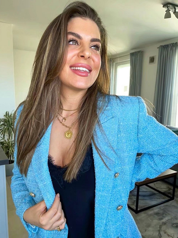 Μόδα 2023 Γυναικείο μπουφάν με διπλό στήθος Γυναικείο σακάκι Vintage μακρυμάνικο με πτερύγιο τσέπη Γυναικείο σακάκι καρό γραφείου