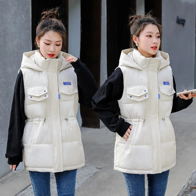 Χειμώνας 2023 Νέα γυναικεία μόδα με κουκούλα Κορεάτικη πουπουλένια βαμβακερή μπουφάν γιλέκο παρκάς Ζεστό λουράκι Γυναικείο παλτό Παχύ γυναικείο παλτό