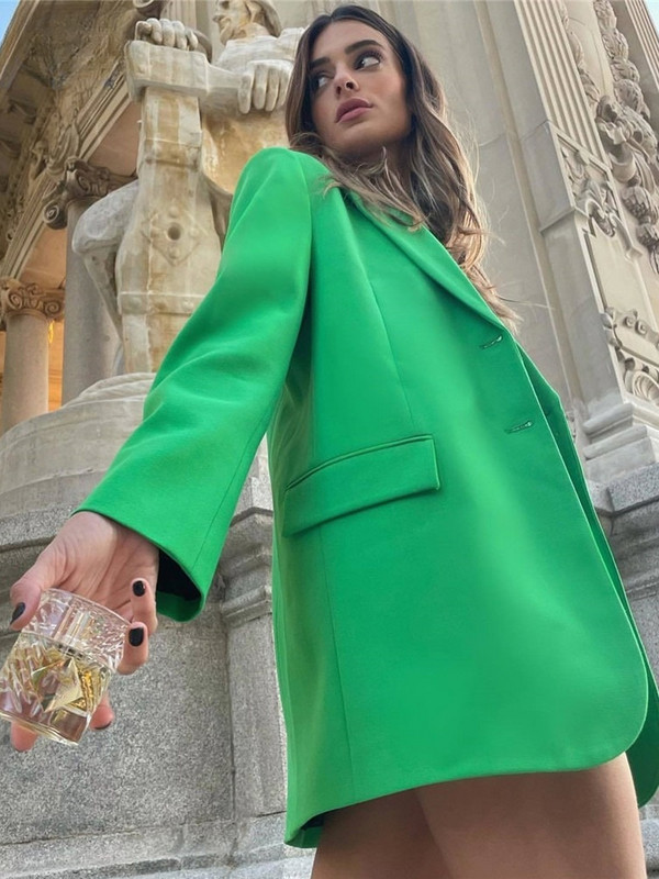 Γυναικείο μονό στήθος μόδας 2023 Πράσινο χαλαρό μακρύ σακάκι V-πέτο τσέπη Γυναικείο τζάκετ μόδας Γυναικείο κομψό μπουφάν