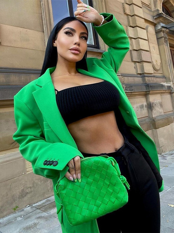 Γυναικείο μονό στήθος μόδας 2023 Πράσινο χαλαρό μακρύ σακάκι V-πέτο τσέπη Γυναικείο τζάκετ μόδας Γυναικείο κομψό μπουφάν