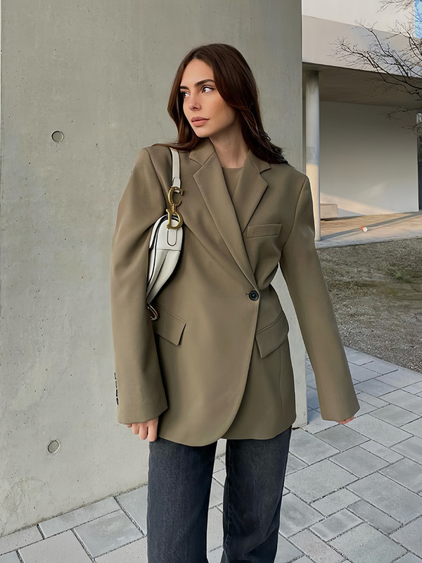 Jachetă dublu cu mâneci lungi de modă pentru femei. Top de damă elegantă. Sacou blazer de buzunar pentru femei de primăvară și toamnă.