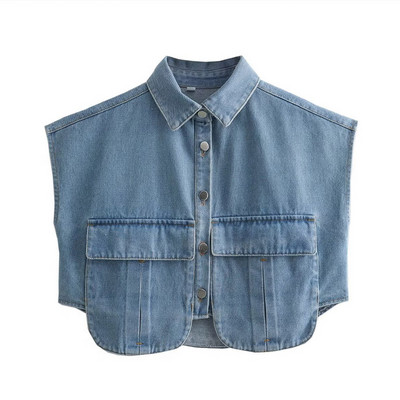 Χαλαρό τζιν γιλέκο διπλής τσέπης Χαλαρό γιακά με μονό στήθος Κοντά γιλέκα Γυναικεία φθινόπωρο 2023 Αμάνικο ρούχο Y2K