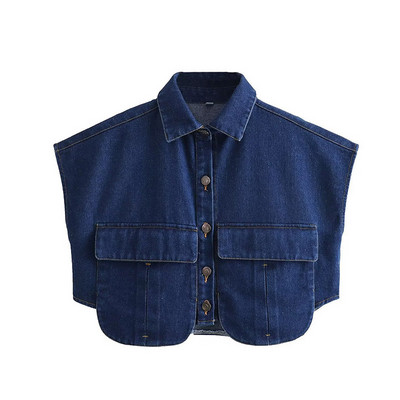 Χαλαρό τζιν γιλέκο διπλής τσέπης Χαλαρό γιακά με μονό στήθος Κοντά γιλέκα Γυναικεία φθινόπωρο 2023 Αμάνικο ρούχο Y2K