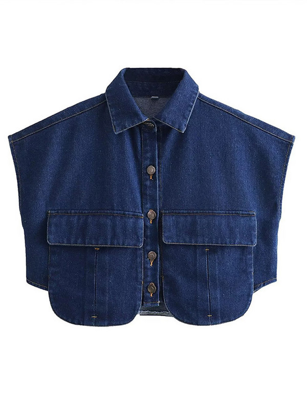 Χαλαρό τζιν γιλέκο διπλής τσέπης Χαλαρό γιακά με μονό στήθος Κοντά γιλέκα Γυναικεία φθινόπωρο 2023 Αμάνικο ρούχο Y2K