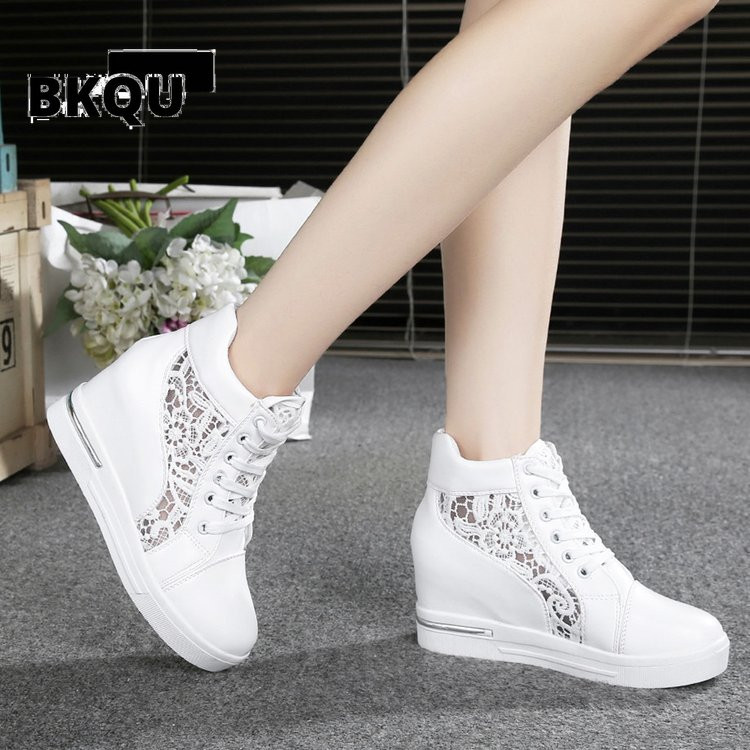 Γυναικεία πάνινα παπούτσια Wedge Πλατφόρμα Λαστιχένια Brogue Δερμάτινα ψηλοτάκουνα παπούτσια με κορδόνια ψηλά παπούτσια με μυτερά δάχτυλα αυξανόμενα Creepers Λευκό ασημί