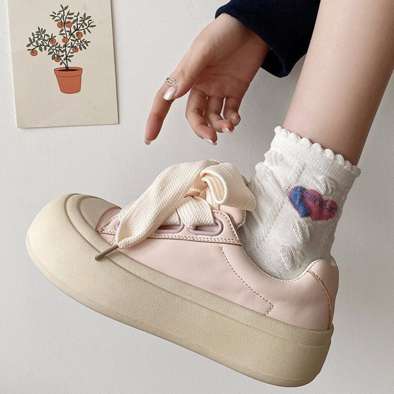 Λευκό ροζ μεγάλο κεφάλι με χοντρό κάτω μέρος Γυναικεία παπούτσια Casual μόδα Ελαφρύ παπούτσι ψωμιού πλατφόρμας