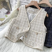 Γυναικείο Νέο Φθινοπωρινό Tweed Κομψό Vintag γιλέκο V-λαιμόκοψη αμάνικο λεπτές τσέπες Γιλέκο Γυναικεία μόδα Γυναικείο κοντό μικρό γιλέκο