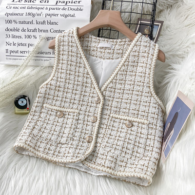 Γυναικείο Νέο Φθινοπωρινό Tweed Κομψό Vintag γιλέκο V-λαιμόκοψη αμάνικο λεπτές τσέπες Γιλέκο Γυναικεία μόδα Γυναικείο κοντό μικρό γιλέκο