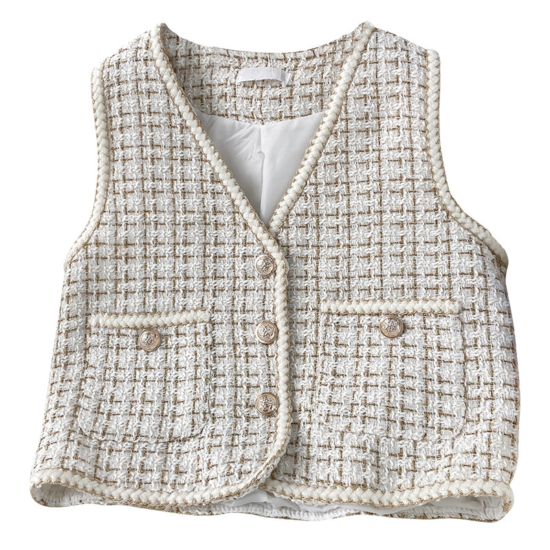 Γυναικείο Νέο Φθινοπωρινό Tweed Κομψό Vintag γιλέκο V-λαιμόκοψη αμάνικο λεπτές τσέπες Γιλέκο Γυναικεία μόδα Γυναικείο κοντό μικρό γιλέκο