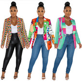 Echoine γυναικείο γιακά με μακρυμάνικο στάμπα, Φθινοπωρινό σακάκι με ένα κουμπί με ιδιοσυγκρασία Κομψό στυλ Commuter παλτό