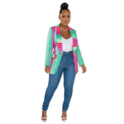 Echoine γυναικείο γιακά με μακρυμάνικο στάμπα, Φθινοπωρινό σακάκι με ένα κουμπί με ιδιοσυγκρασία Κομψό στυλ Commuter παλτό