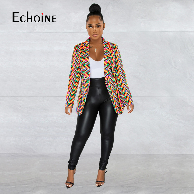 Echoine γυναικείο γιακά με μακρυμάνικο στάμπα, Φθινοπωρινό σακάκι με ένα κουμπί με ιδιοσυγκρασία Κομψό στυλ Commuter παλτό