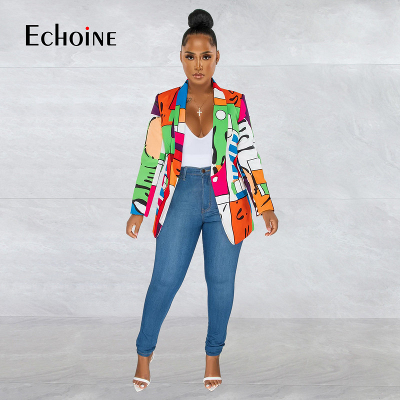 Echoine γυναικείο γιακά με μακρυμάνικο στάμπα, Φθινοπωρινό σακάκι με ένα κουμπί με ιδιοσυγκρασία Κομψό στυλ Commuter παλτό