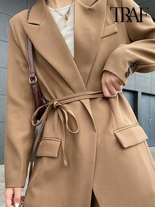 Γυναικεία μόδα TRAF με δεμένα σακάκια παλτό Vintage μακρυμάνικο τσέπες Γυναικεία πανωφόρια κομψά μπλουζάκια