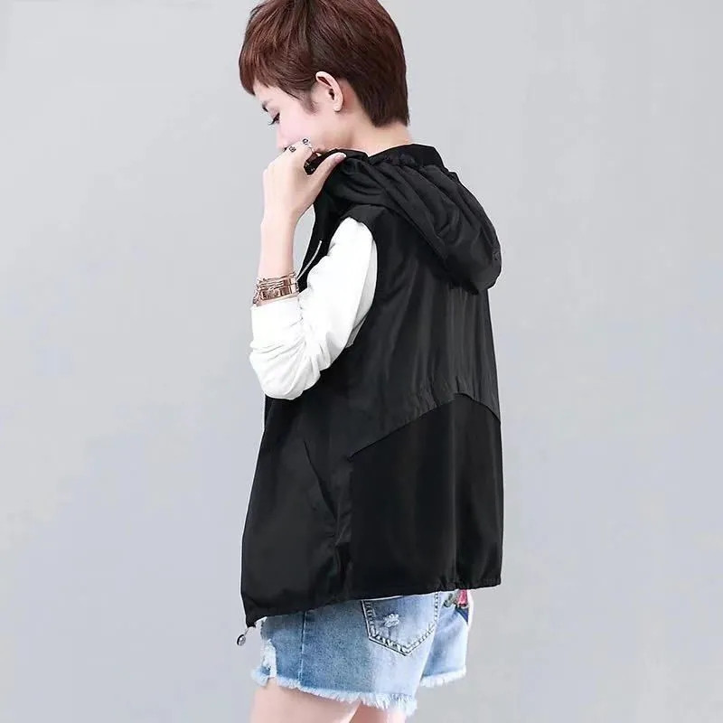 Φόδρα γιλέκα γυναικεία μόδα για άνοιξη καλοκαίρι με κουκούλα Ευέλικτο αμάνικο παλτό Casual Γυναικείο αμάνικο μπουφάν Λεπτό μπλουζάκι 4XL