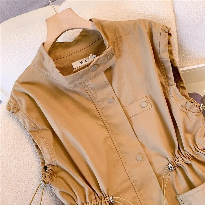 Ležerna labava radna jakna srednje dužine s džepovima, ženski prsluk 2023, novo proljeće ljeto, temperamentna široka vesta s uzicom