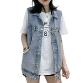 Τζιν Γιλέκο Γυναικείο Τζιν Γιλέκο Γυναικείο Κορεάτικο φαρδύ αμάνικο μπουφάν 2023 Νέο γυναικείο γιλέκο με τσέπη για την άνοιξη, καλοκαίρι