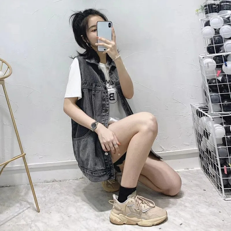 Τζιν Γιλέκο Γυναικείο Τζιν Γιλέκο Γυναικείο Κορεάτικο φαρδύ αμάνικο μπουφάν 2023 Νέο γυναικείο γιλέκο με τσέπη για την άνοιξη, καλοκαίρι