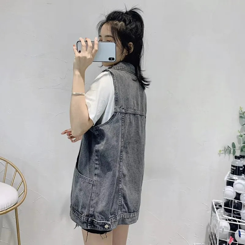 Τζιν Γιλέκο Γυναικείο Τζιν Γιλέκο Γυναικείο Κορεάτικο φαρδύ αμάνικο μπουφάν 2023 Νέο γυναικείο γιλέκο με τσέπη για την άνοιξη, καλοκαίρι