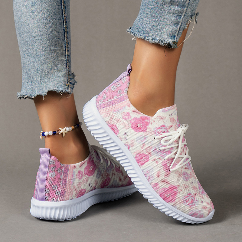 Lucyever Floral print Ροζ πάνινα παπούτσια 2023 Φθινοπωρινά φλατ παπούτσια με δίχτυ που αναπνέουν Γυναικεία ελαφριά αντιολισθητικά παπούτσια για περπάτημα 43