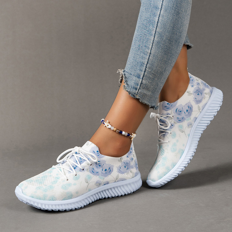 Lucyever Floral print Ροζ πάνινα παπούτσια 2023 Φθινοπωρινά φλατ παπούτσια με δίχτυ που αναπνέουν Γυναικεία ελαφριά αντιολισθητικά παπούτσια για περπάτημα 43